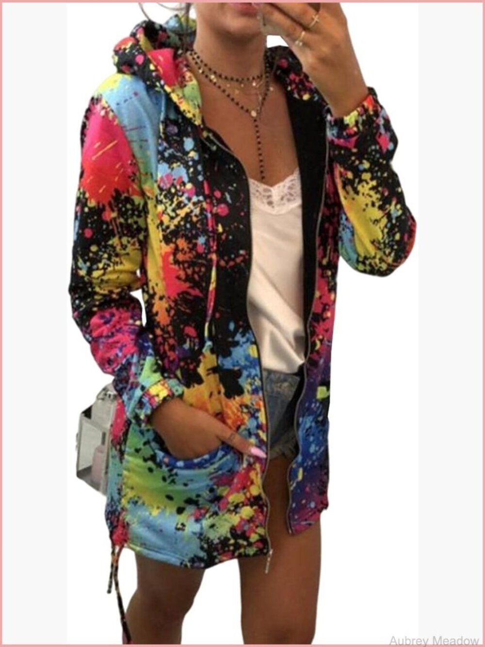 Women's Splatter Paint Hooded Zip Up Jacket Cardigan Sweatshirt